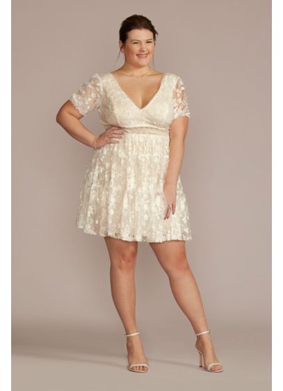 3D Floral Lace V-Neck Short Plus Size Dress - The symmetrical plunging detail at the front and